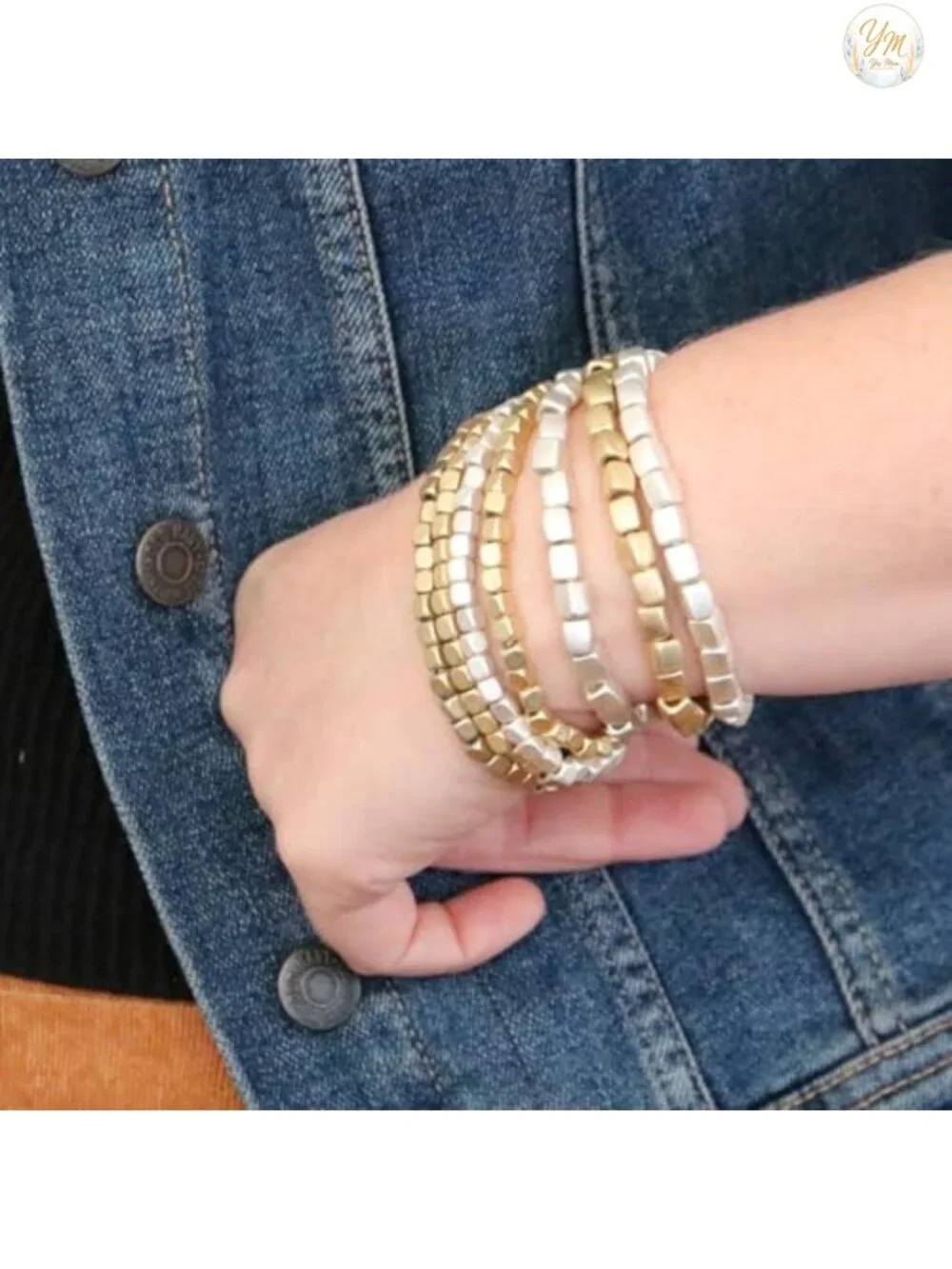 Chunky Multi-Strand Stretch Bead Bracelet Set of 7 - Silver & Gold Stack